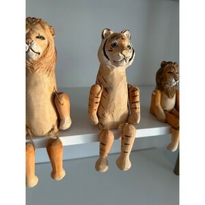 Vintage Hand Carved Wooden Shelf Sitter Figurines Lion Tiger Safari Folk Art 3pc